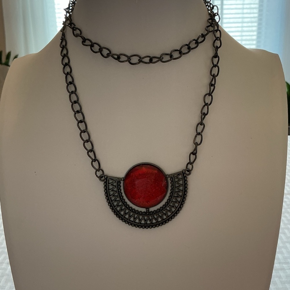 Red Glitter Acrylic Half Moon Vintage Gunmetal Pendant Necklace